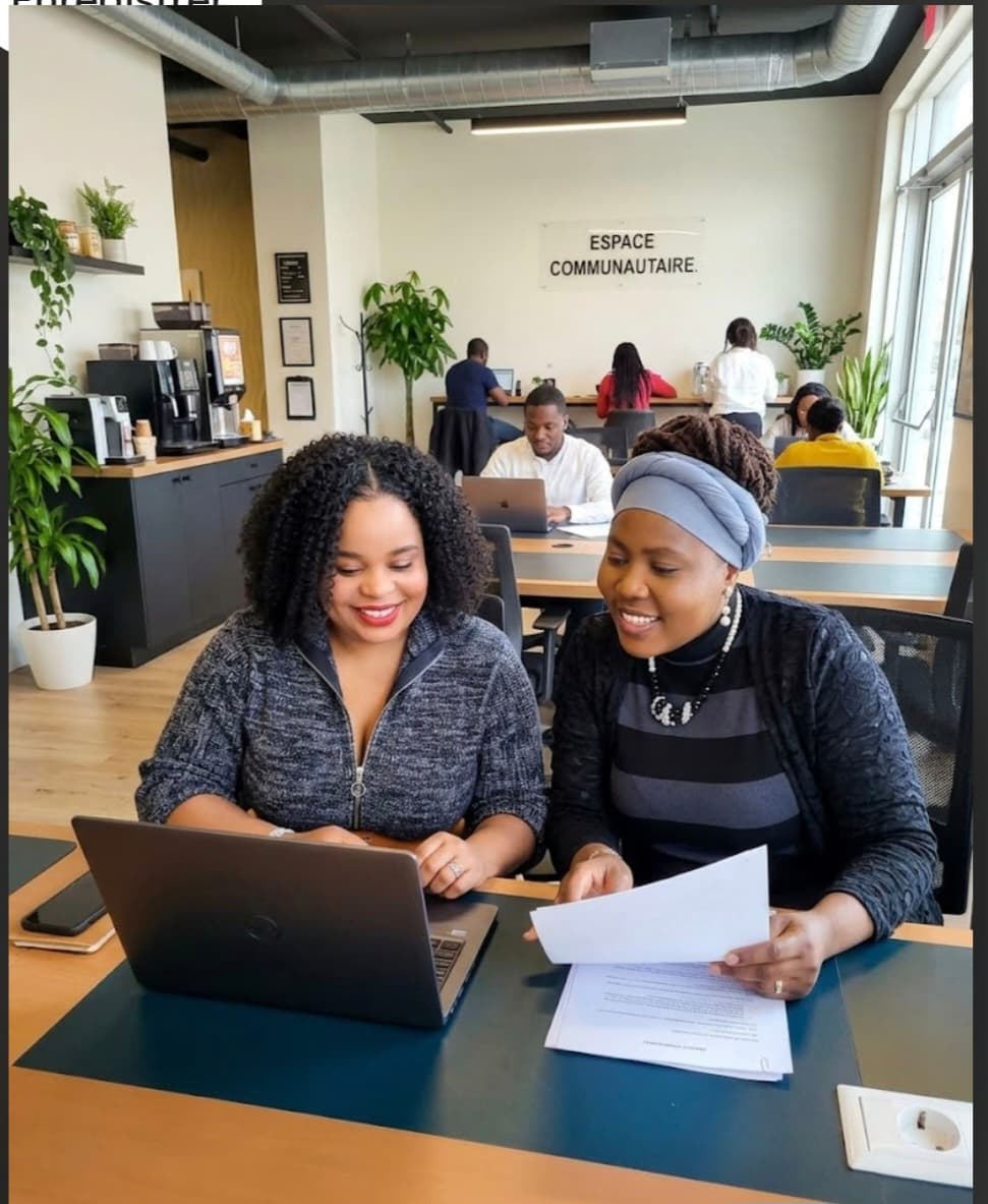 Diverse group of people collaborating and smiling in a well-lit community space