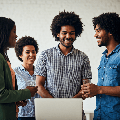 Diverse group of people collaborating and smiling in a well-lit community space