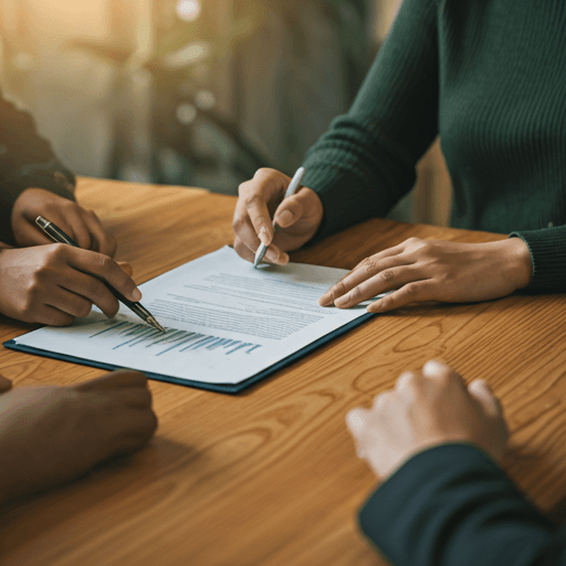 Mains diverses examinant un document juridique sur une table en bois